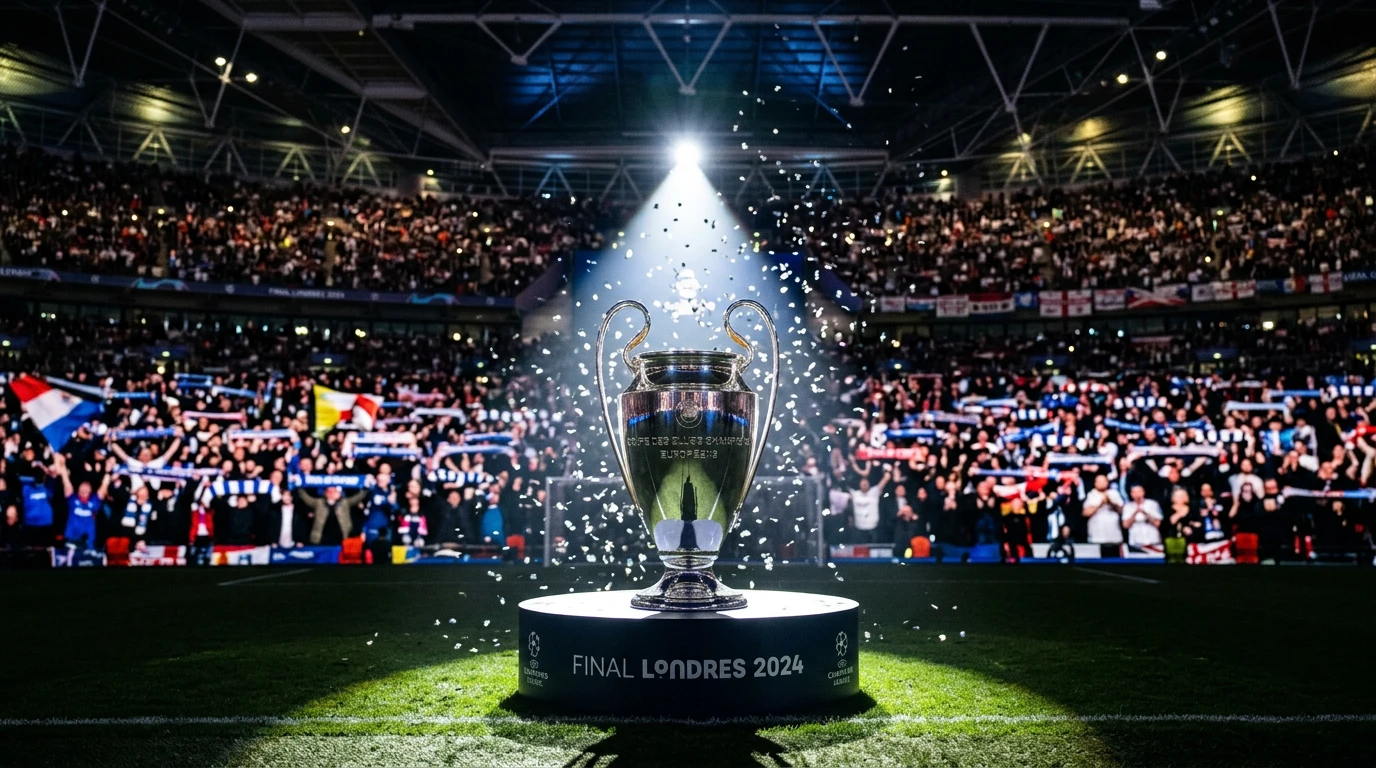 Finales Champions League - trofeo de la orejona iluminado en estadio