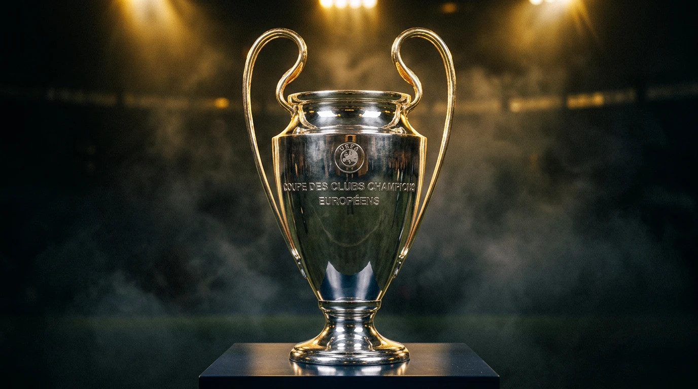 Trofeo de la Champions League iluminado sobre fondo oscuro