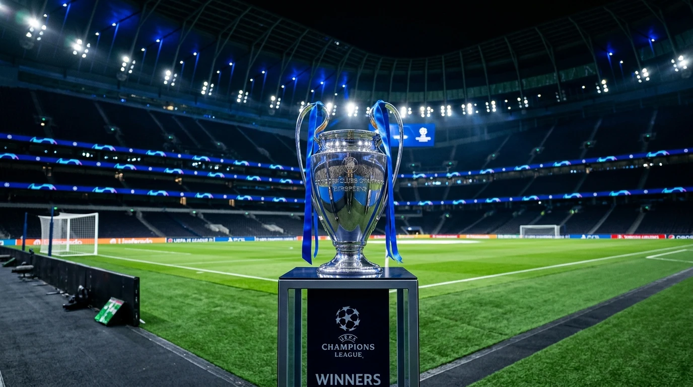 Trofeo de la Champions League con colores azules del Chelsea en estadio de fútbol