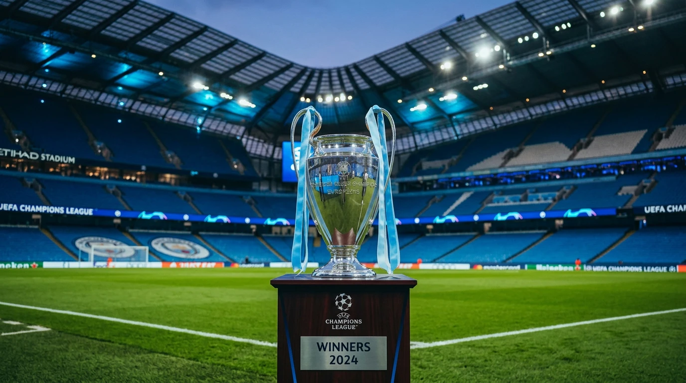 Trofeo de la Champions League con colores celestes del Manchester City en estadio de fútbol