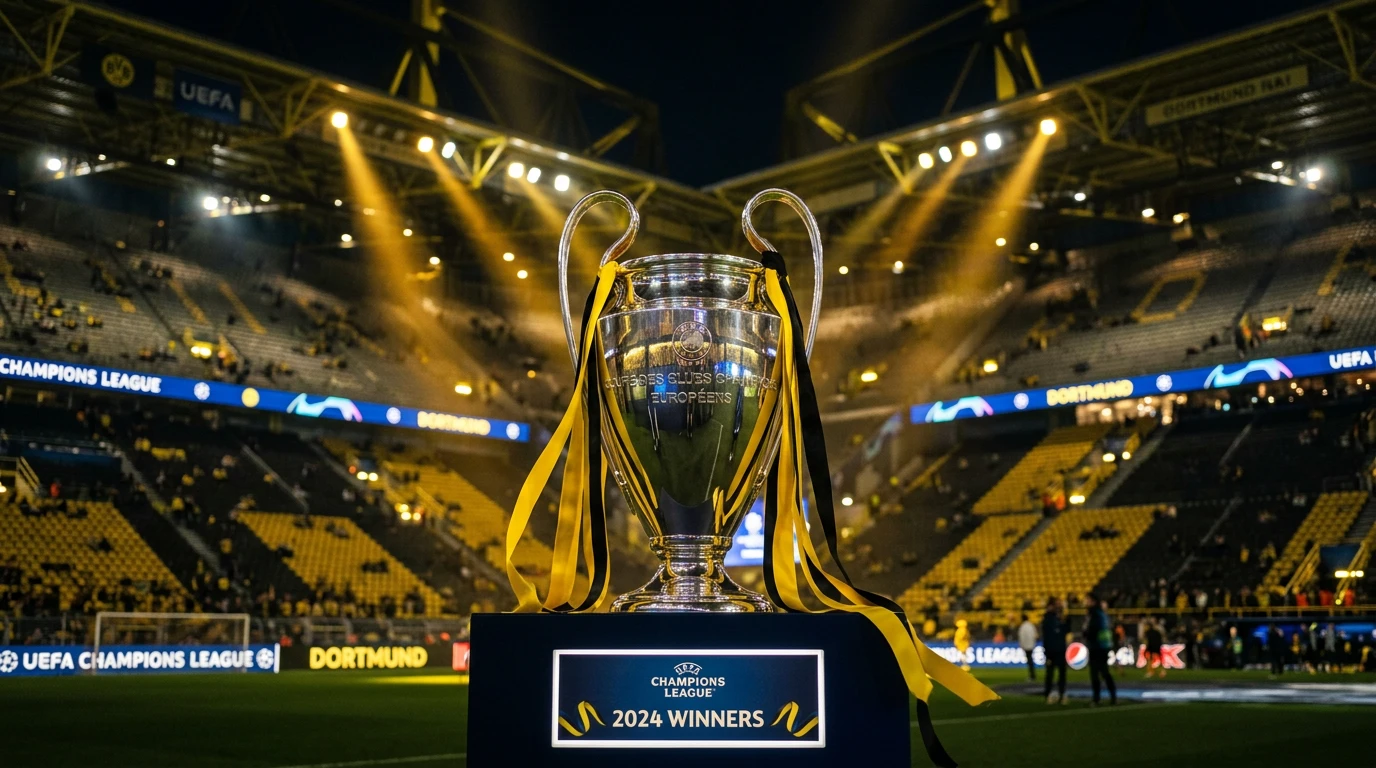 Trofeo de la Champions League con colores amarillo y negro del Borussia Dortmund en estadio de fútbol