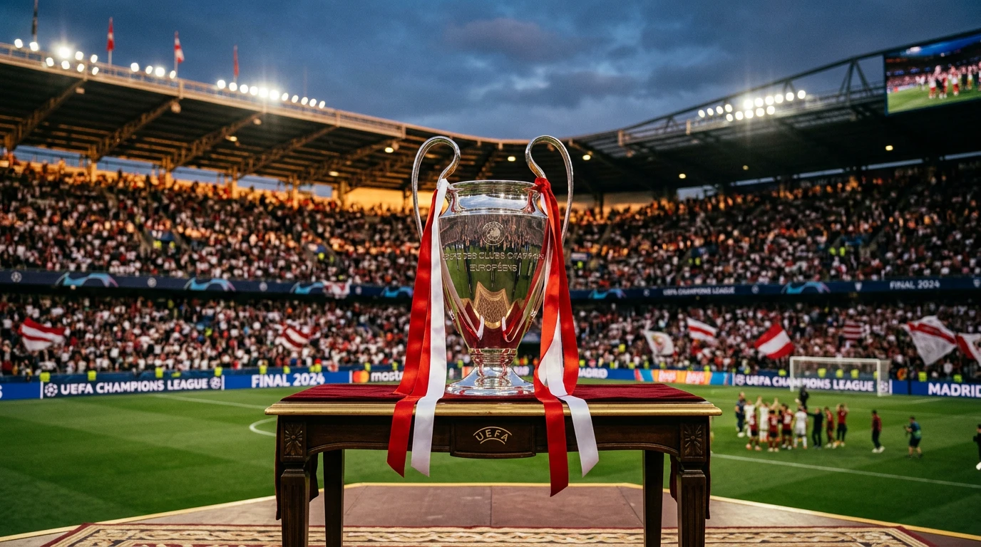 Trofeo de la Champions League con colores rojo y blanco del Ajax en estadio de fútbol
