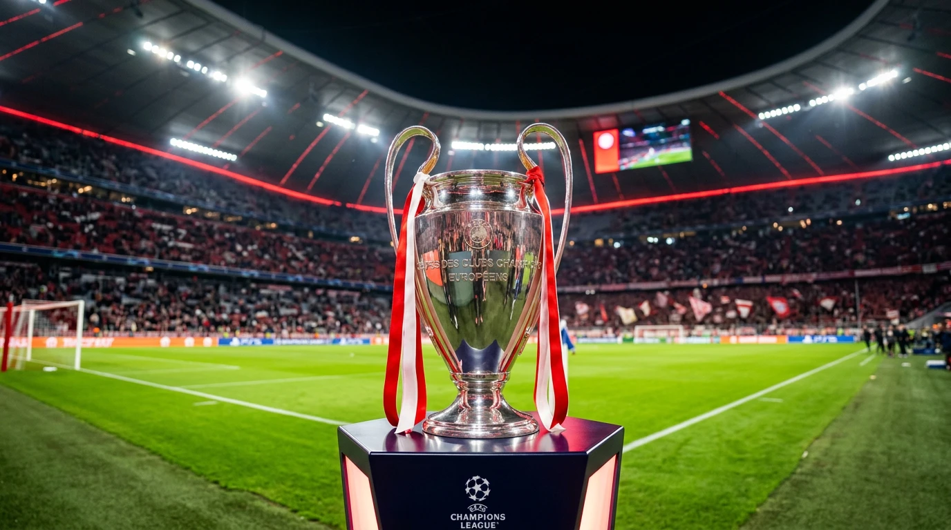 Trofeo de la Champions League con colores rojiblanco del Atlético de Madrid en estadio de fútbol