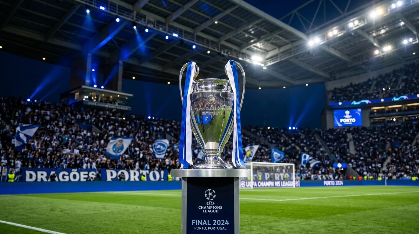 Trofeo de la Champions League con colores azul y blanco del FC Porto en estadio de fútbol