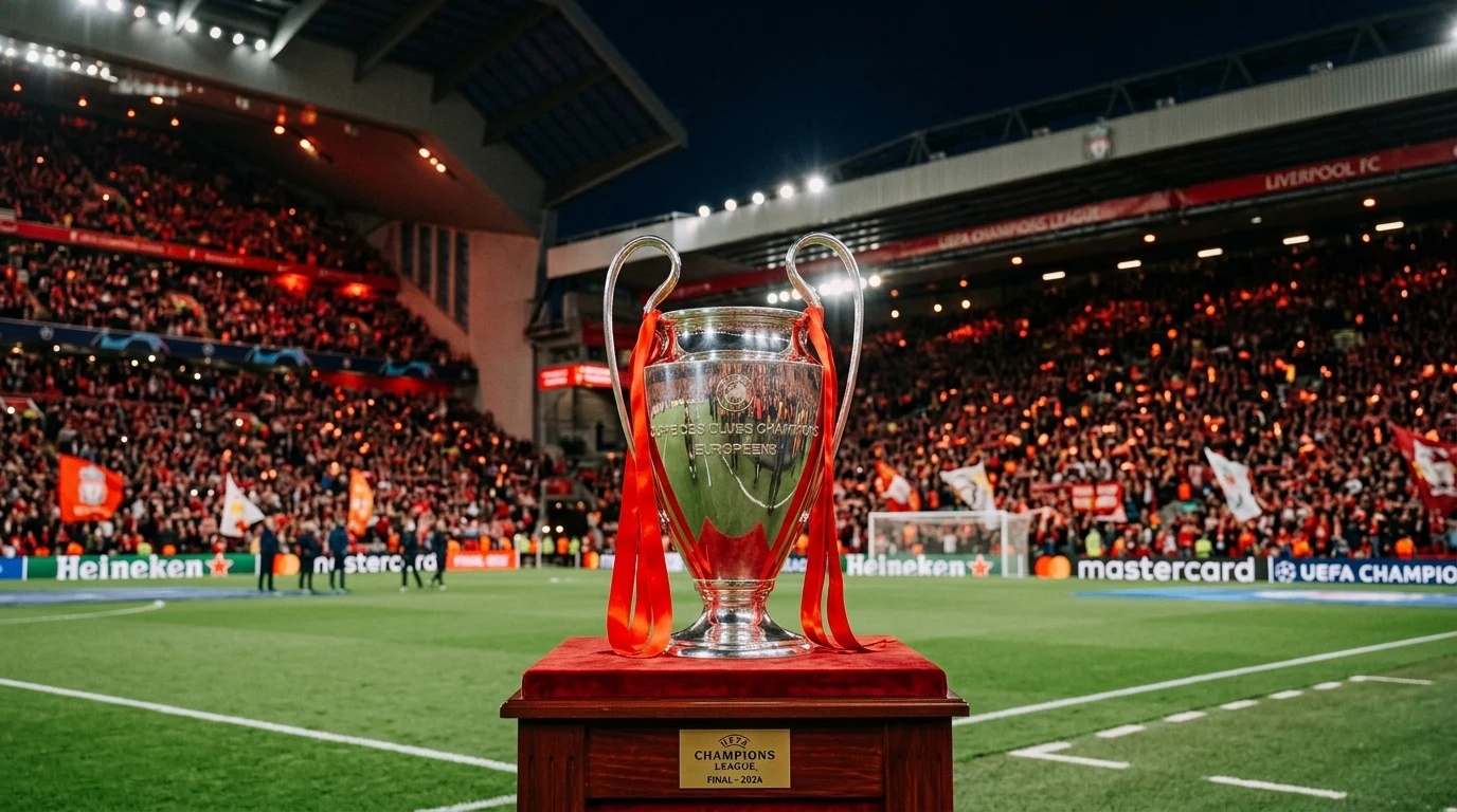 Trofeo de la Champions League con colores rojo del Benfica en estadio de fútbol