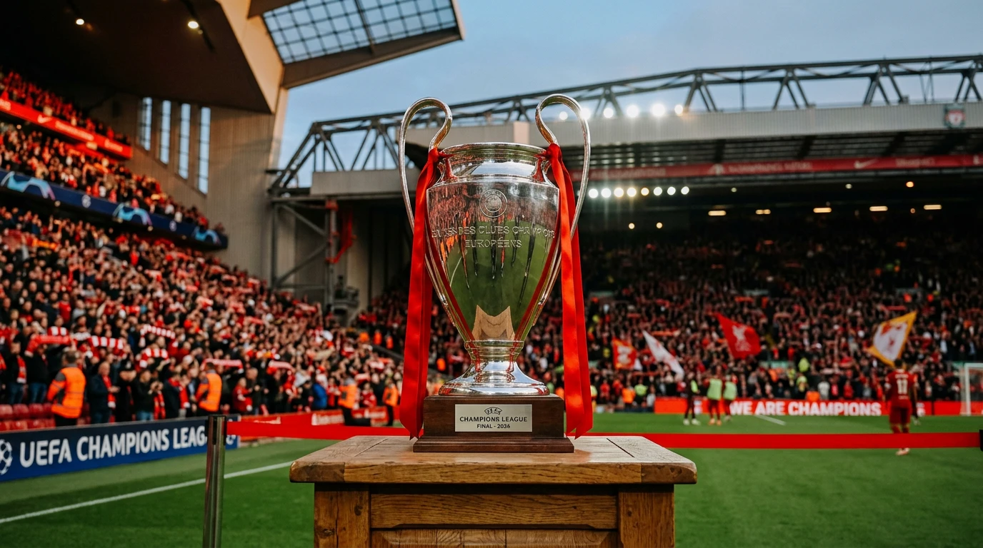 Trofeo de la Champions League con colores rojo del Nottingham Forest en estadio de fútbol