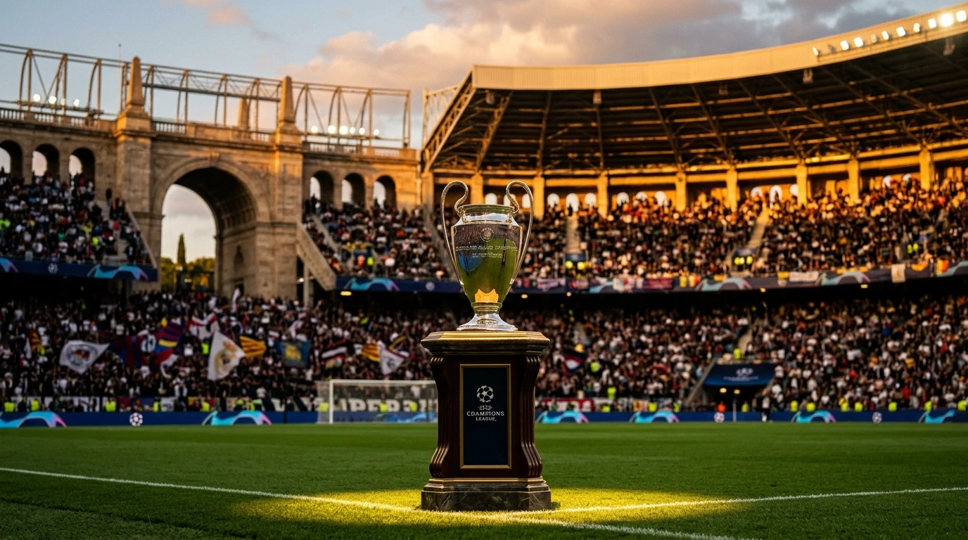Trofeo histórico de la Copa de Europa en estadio de fútbol clásico con iluminación dorada
