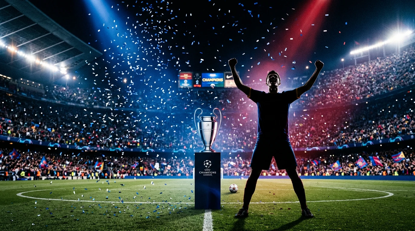 Jugador de fútbol joven celebrando con el trofeo de la Champions League en estadio nocturno